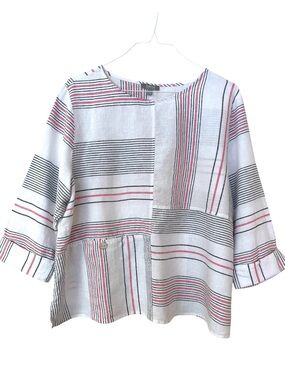 Habitat Linen Striped Patchwork Tunic Top Size XL Lagenlook Coastal Artsy Summer